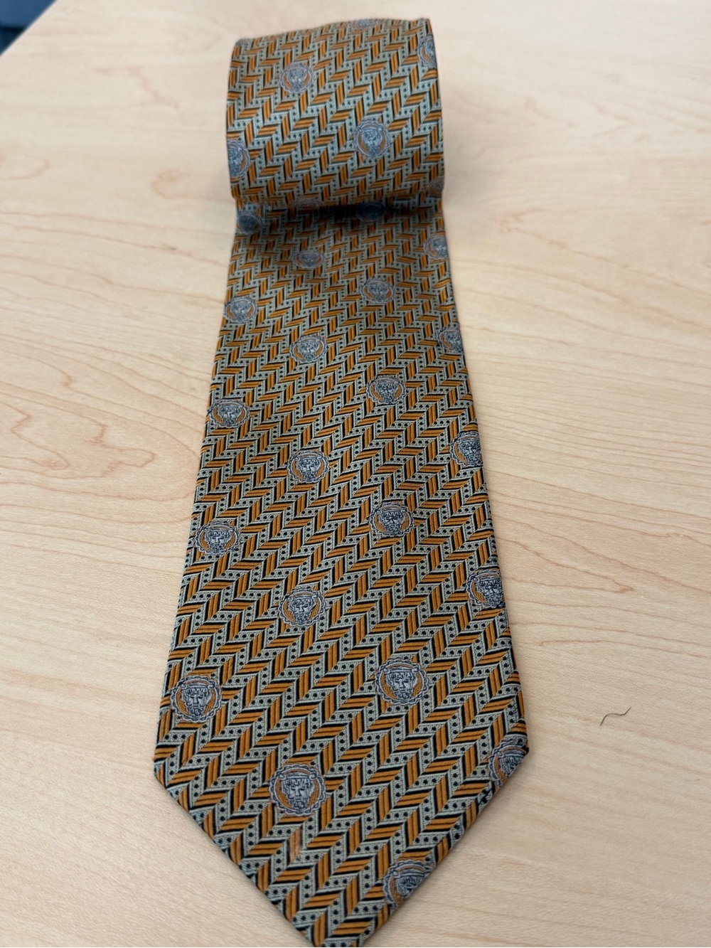 Versace Gold and Gray Medallion Pattern Silk Tie